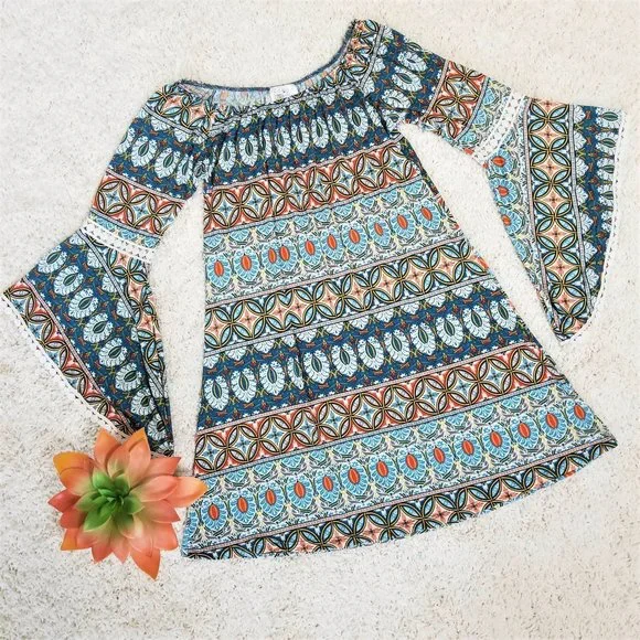 Dress. Teal, Burnt Orange, Multi Print. Southern Fried Chics Brand. Size Small. - Picture 6 of 9